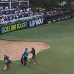 Watch horror moment caddie is nearly knocked out at LIV Golf event after jubilant fans throw water bottles on to green